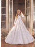 Long Sleeves Beaded Ivory Lace Tulle Floral Flower Girl Dress